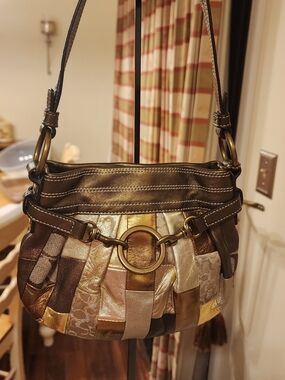 vintage COACH patchwork metallic shoulder bag, likely from the early 2000s Y2K